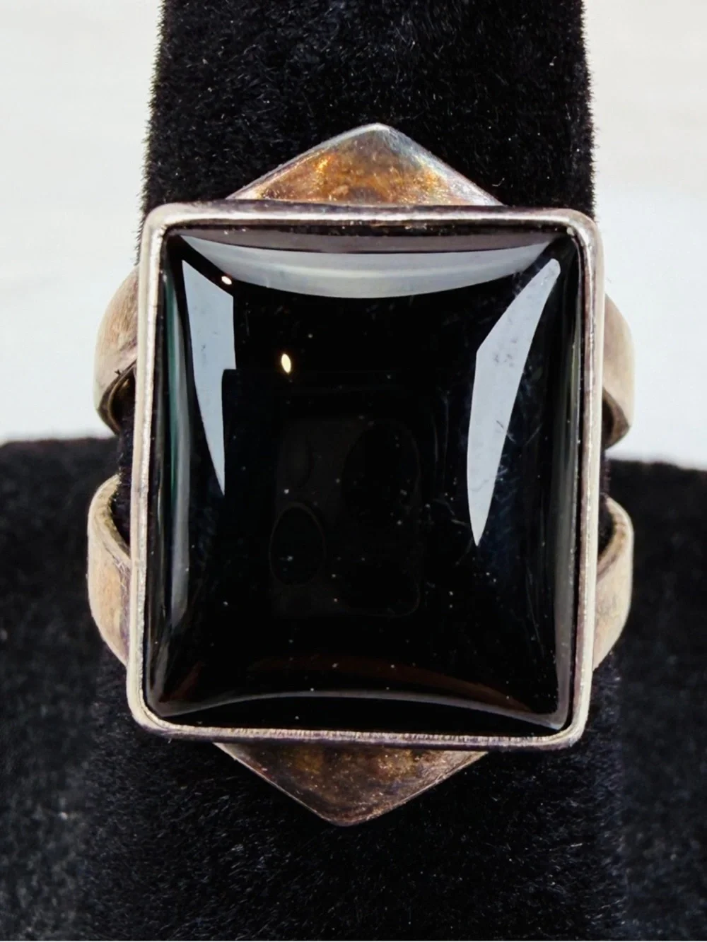 Vintage aged silver stamped OP 925 onyx size 5 3/4 ring